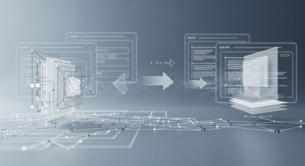 Abstract visualization of digital commerce infrastructure transitioning from user interfaces to machine-driven execution