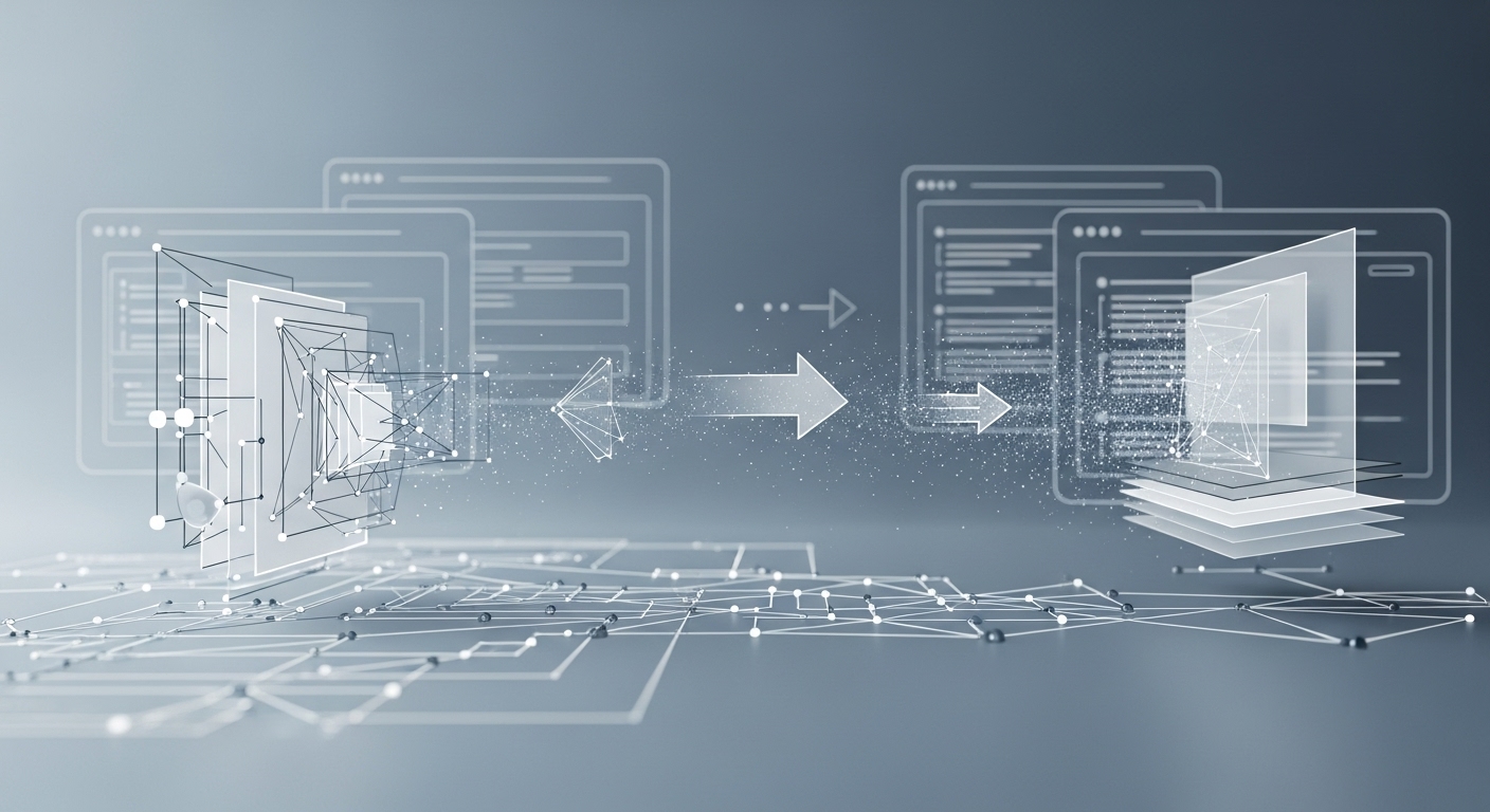 Abstract visualization of digital commerce infrastructure transitioning from user interfaces to machine-driven execution